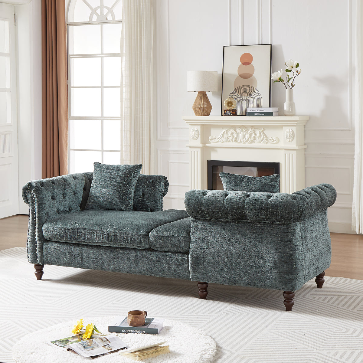 81-inch Chenille Face-to-face Chaise Lounge with Two Pillows,Nailhead trim,Button Tufted Design and Rolled Arms for Lounge, Living room and Office W834S00318-djyc