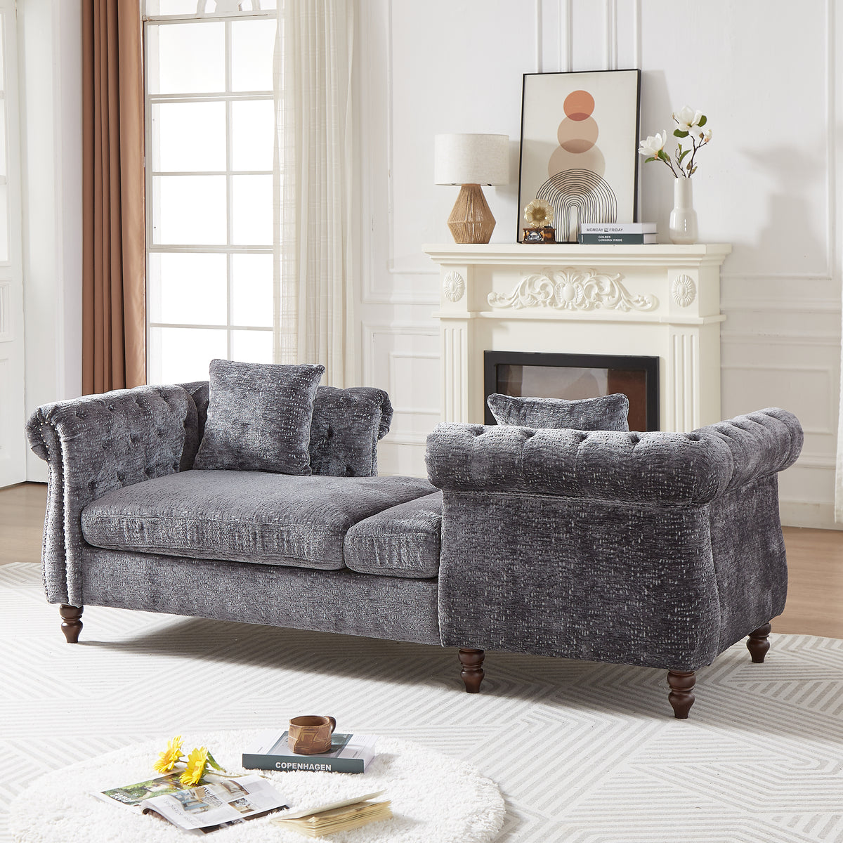 81-inch Chenille Face-to-face Chaise Lounge with Two Pillows,Nailhead trim,Button Tufted Design and Rolled Arms for Lounge, Living room and Office W834S00316-djyc