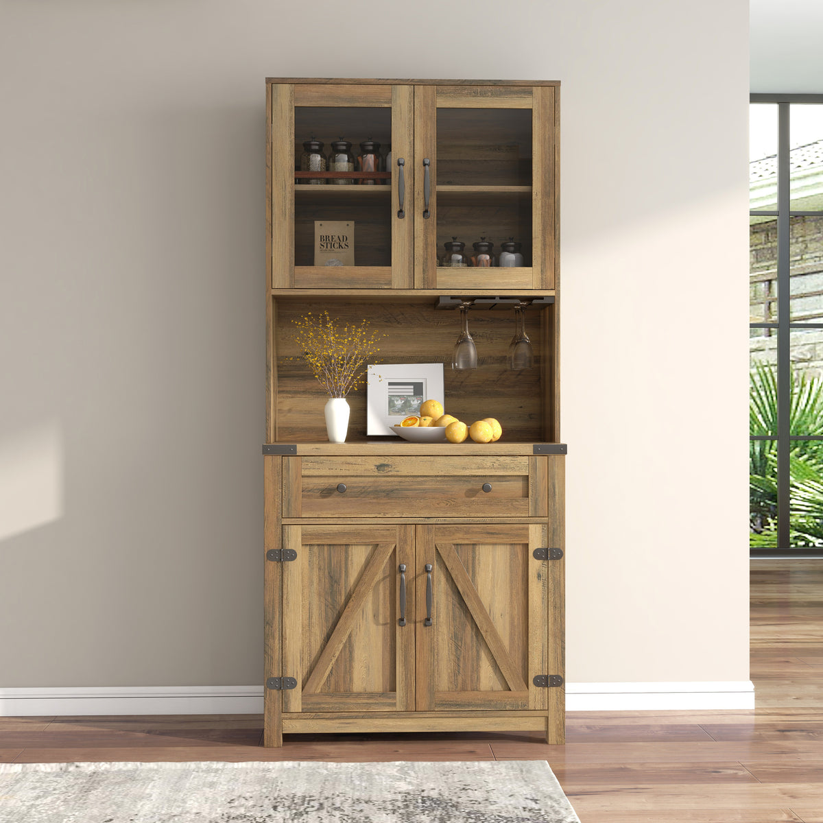 Modern Farmhouse Double Barn Door Accent Bar Cabinet with Goblet Holder, Yellow Walnut W881S00005-djyc