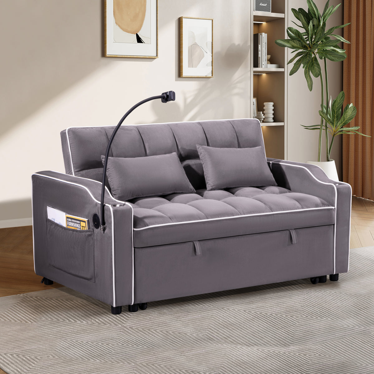 1 multifunctional foldable sofa bed in 3 different lengths, modern sofa, upgraded suede fabric, adjustable backrest, with USB port, ashtray, and rotating telephone stand W1910P268395-djyc