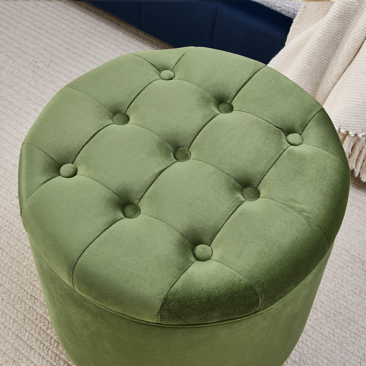 Round Storage Ottoman, multi-functional round flannel button Ottoman, lid can be turned over as a table top, with storage space-GREEN W487P243603-djyc