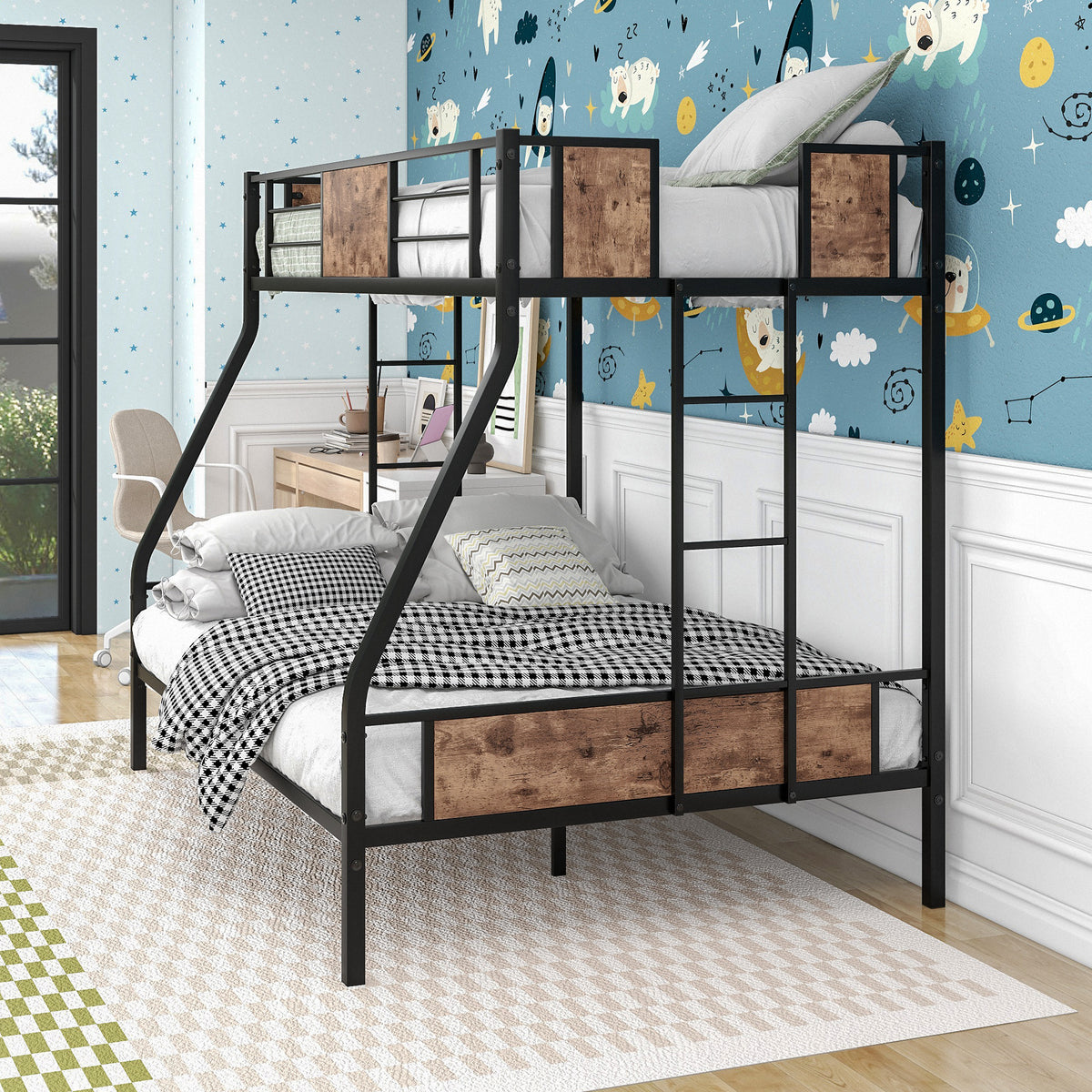Twin Over Full Metal Bunk Bed, Heavy Duty Metal Bed Frame with Safety Rail , 2 Side Ladders & Decorative Wood ,No Box Spring Needed W840126707-djyc