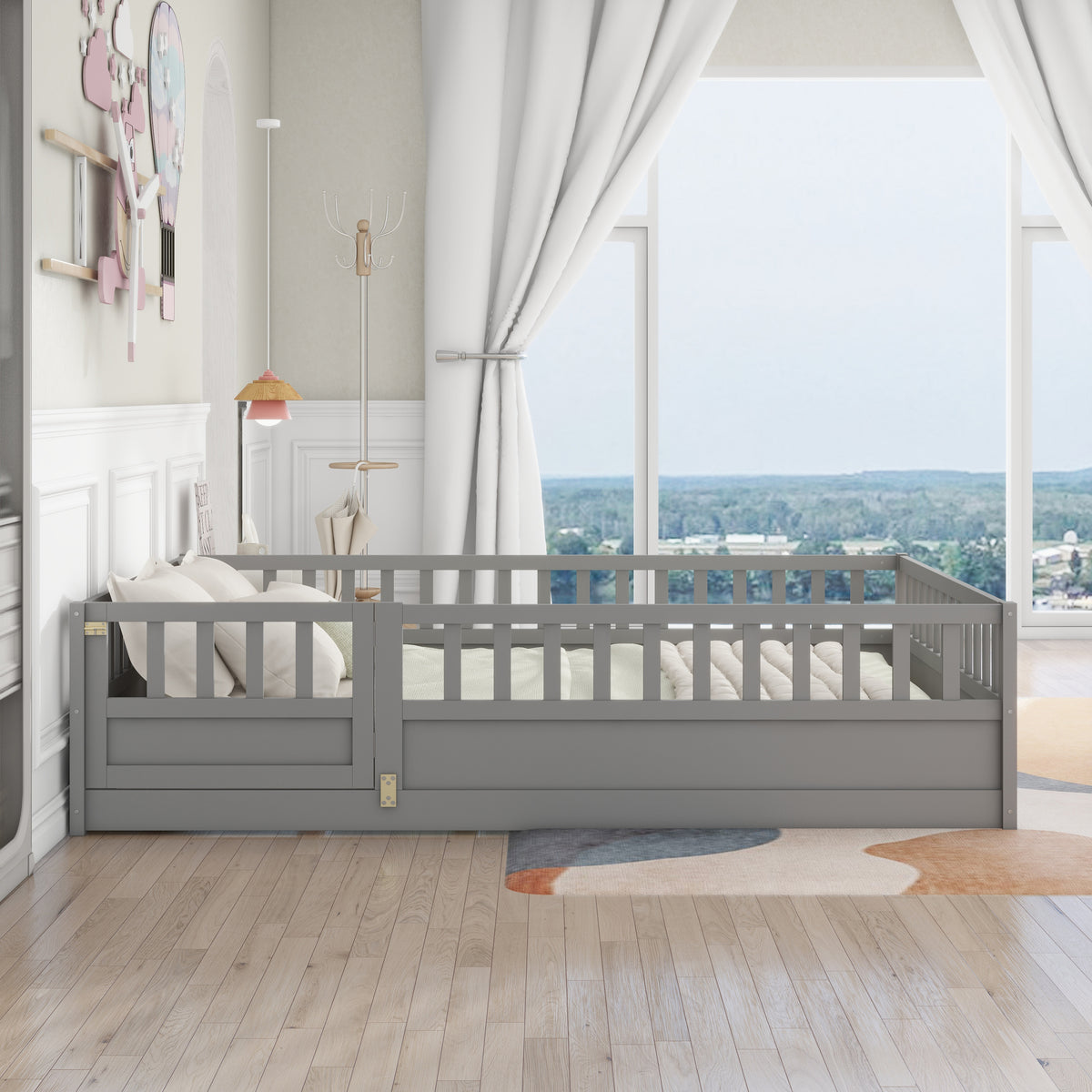 Full sizeFloor bed, integral construction with super high security barrier, door, children's floor bed frame, Montessori wooden children's floor bed, Support slat Grey W1858P164944-djyc