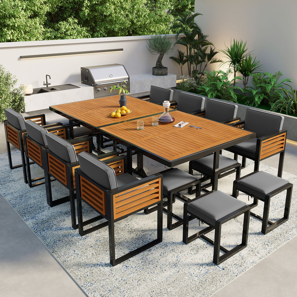 GO 18-Pieces Acacia Wood Patio Dining Set, Space Saving Outdoor Patio Set, 8 Cushioned Chairs & 8 Ottomans & 2 Square Table, for Backyard, Garden, Deck and Poolside, Gray N704G201241E-djyc