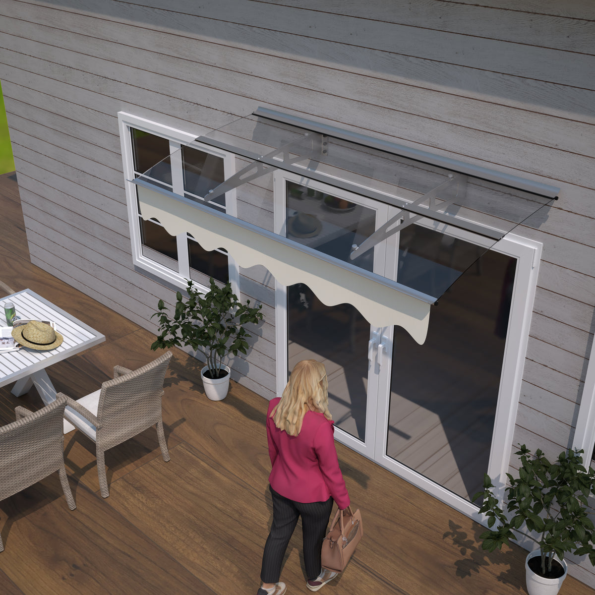 5934W Series Door Window Awning Canopy W59'xD34' Made of 0.137Inch /3.5mm Thick Virtually Crystal Solid Polycarbonate Sheet with Polyester Valance for Wooden House. W2205P179824-djyc