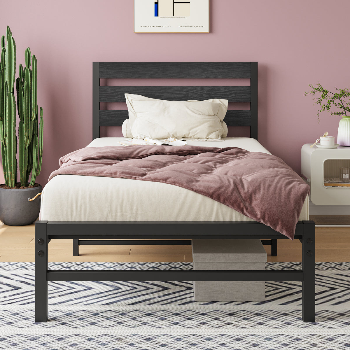 Twin Size Platform Bed Frame with Rustic Vintage Wood Headboard, No Box Spring Needed Black W840P164954-djyc
