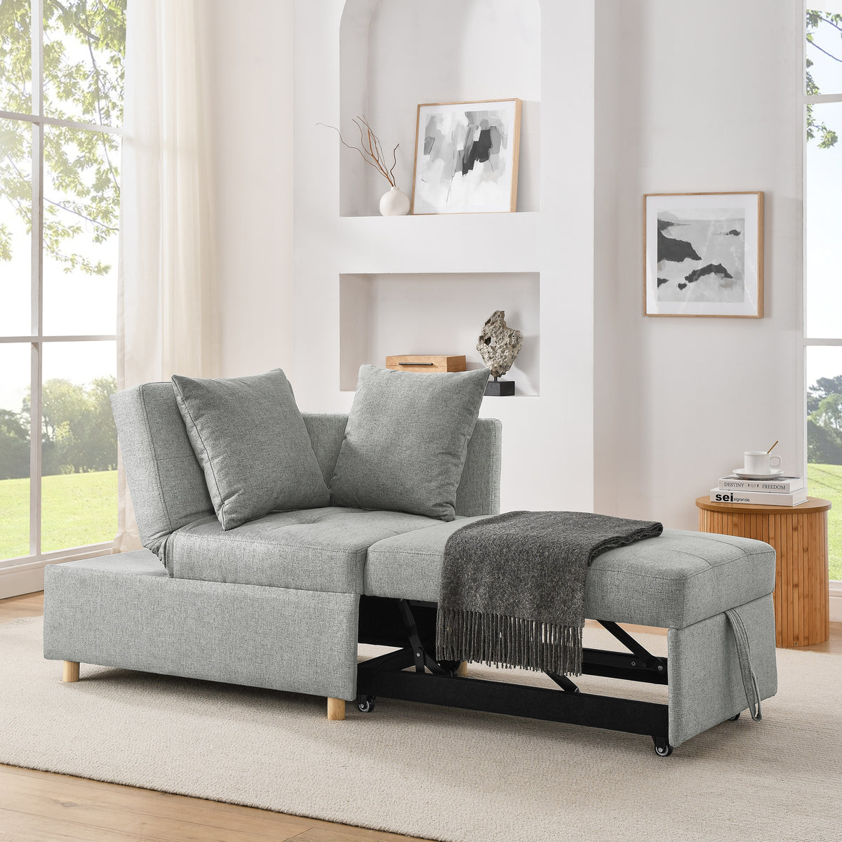 Convertible Sleeper Sofa Chair Adjustable Backrest Recliner with Pullout Sofa Bed with Wheels, Modern Linen Fabric for Living Room for Tight Spaces, Grey W1413P227515-djyc