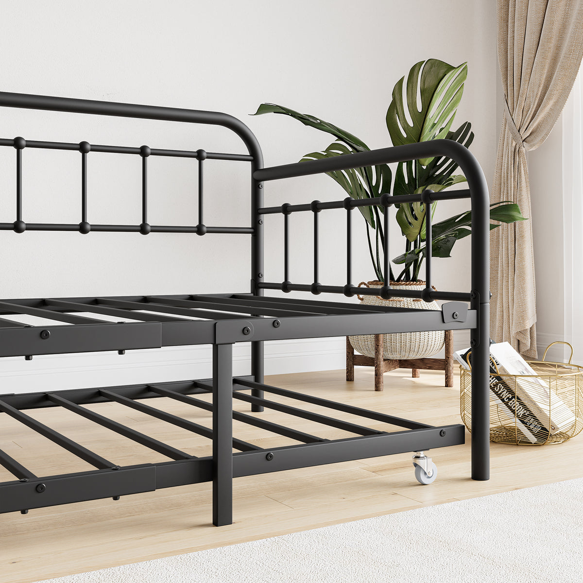 Twin Size Metal Daybed Frame with Trundle, Heavy Duty Steel Slat Support Sofa Bed Platform with Headboard, No Box Spring Needed, Black W840103518-djyc