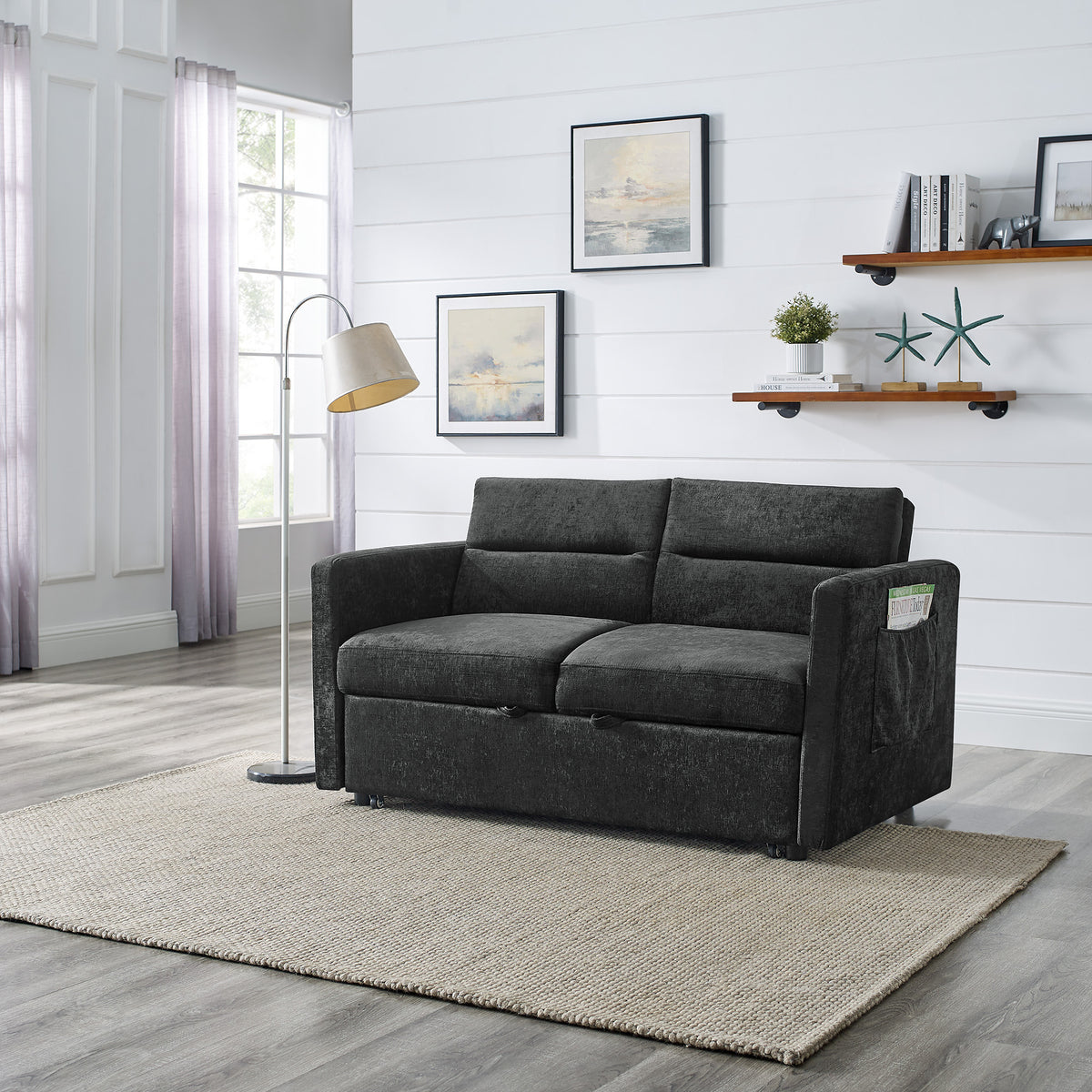 Loveseats Sofa Bed with Pull-out Bed,Adjsutable Back and Two Arm Pocket,Black (54.5"x33"x31.5") W48766865-djyc