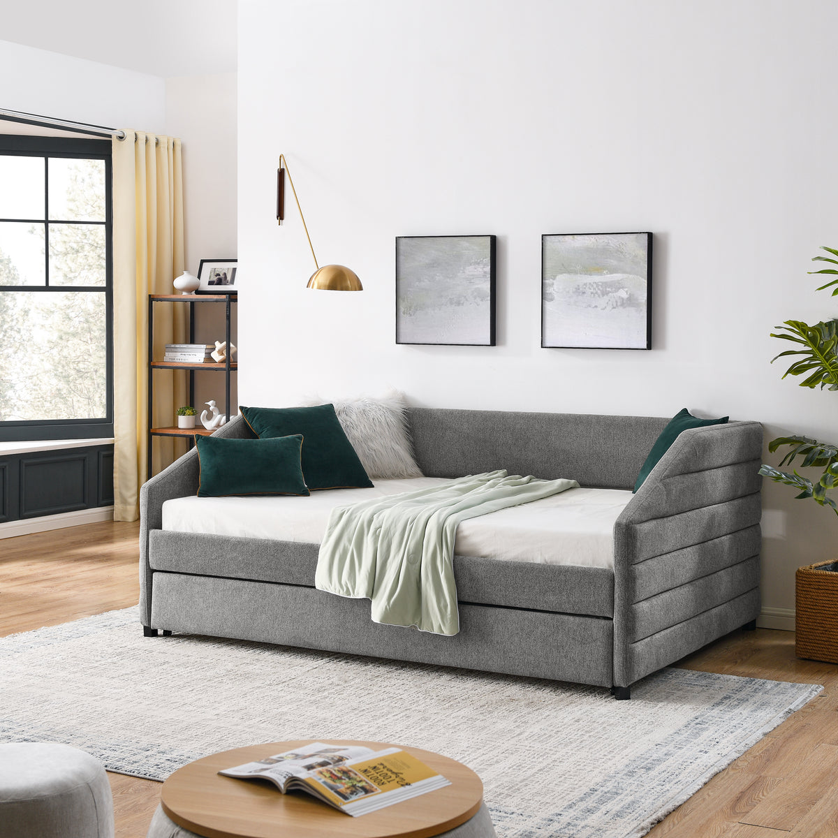 Full Size Daybed with Trundle Upholstered Tufted Sofa Bed, Linen Fabric, Grey (82.5"x58"x34") W487S00178-djyc