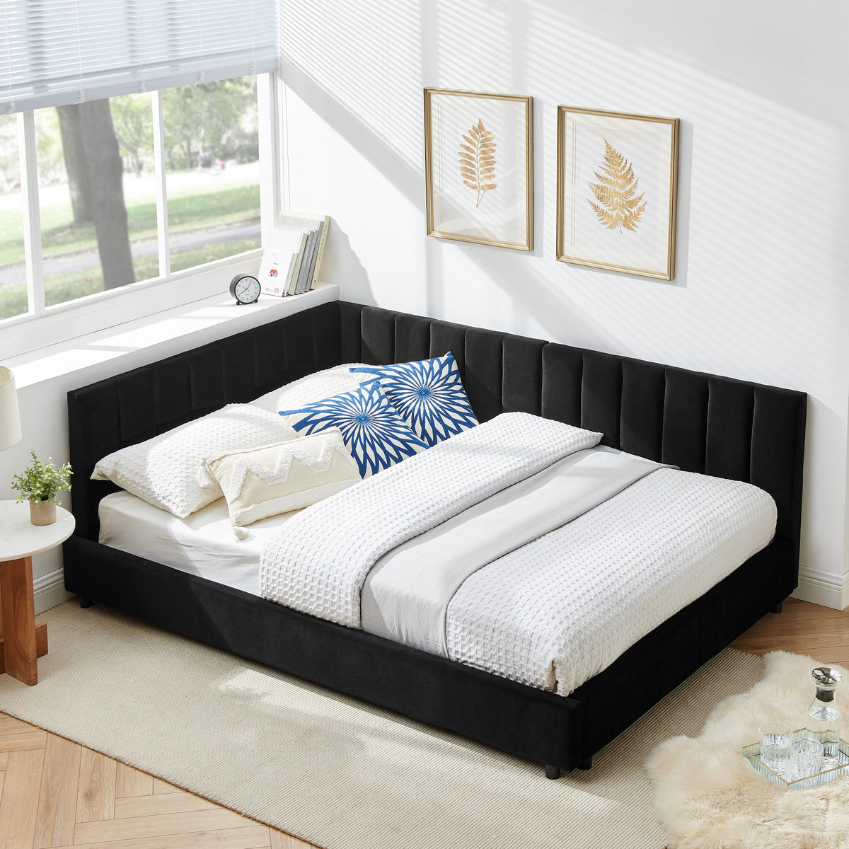 Full Size Tufted Upholstered Bed Frame – Sofa Bed with Backrest and Armrests, Velvet Black (81" x 60" x 29.5") W487S00331-djyc