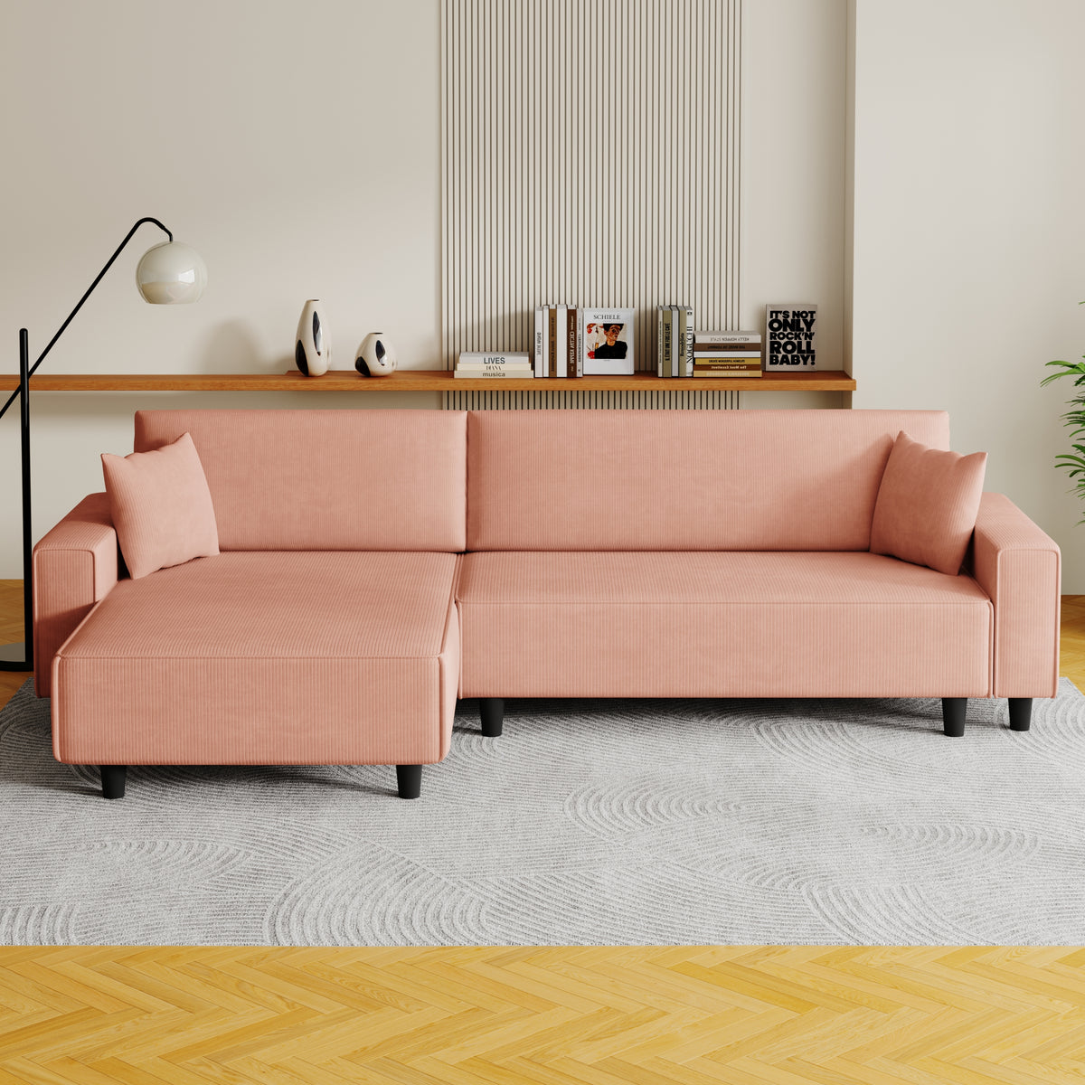 Spacious 93-Inch Orange Corduroy Sofa Bed with Two Pillows - Ideal for Living Room or Apartment, Ensuring a Roomy & Uncluttered Space W1278S00024-djyc