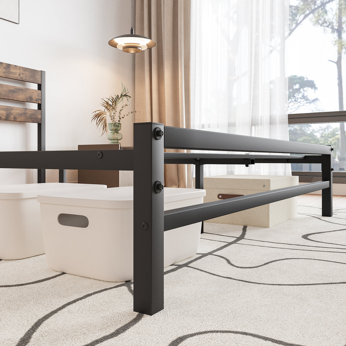 Queen Size Platform Bed Frame with Rustic Vintage Wood Headboard, Strong Metal Slats Support Mattress Foundation, No Box Spring Needed Rustic Brown W84084264-djyc