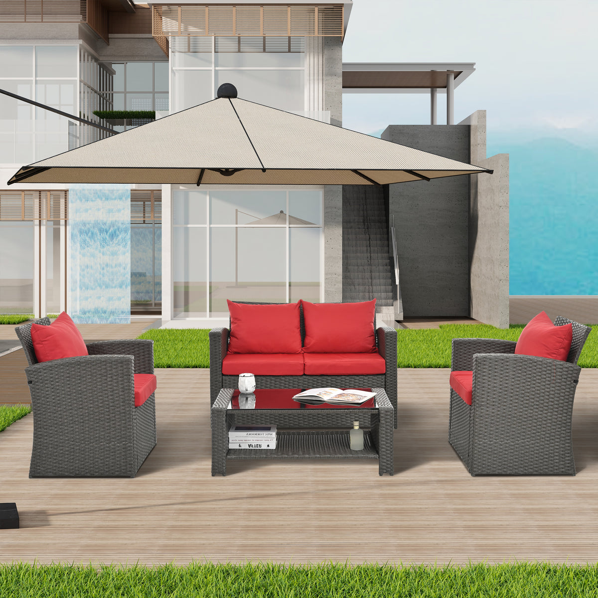 Sturdy & Comfortable Outdoor Sofa Set – Durable PE Wicker, Cushions Included, Glass Table with Shelf, Perfect for Poolside, Garden, Patio W1703S00009-djyc