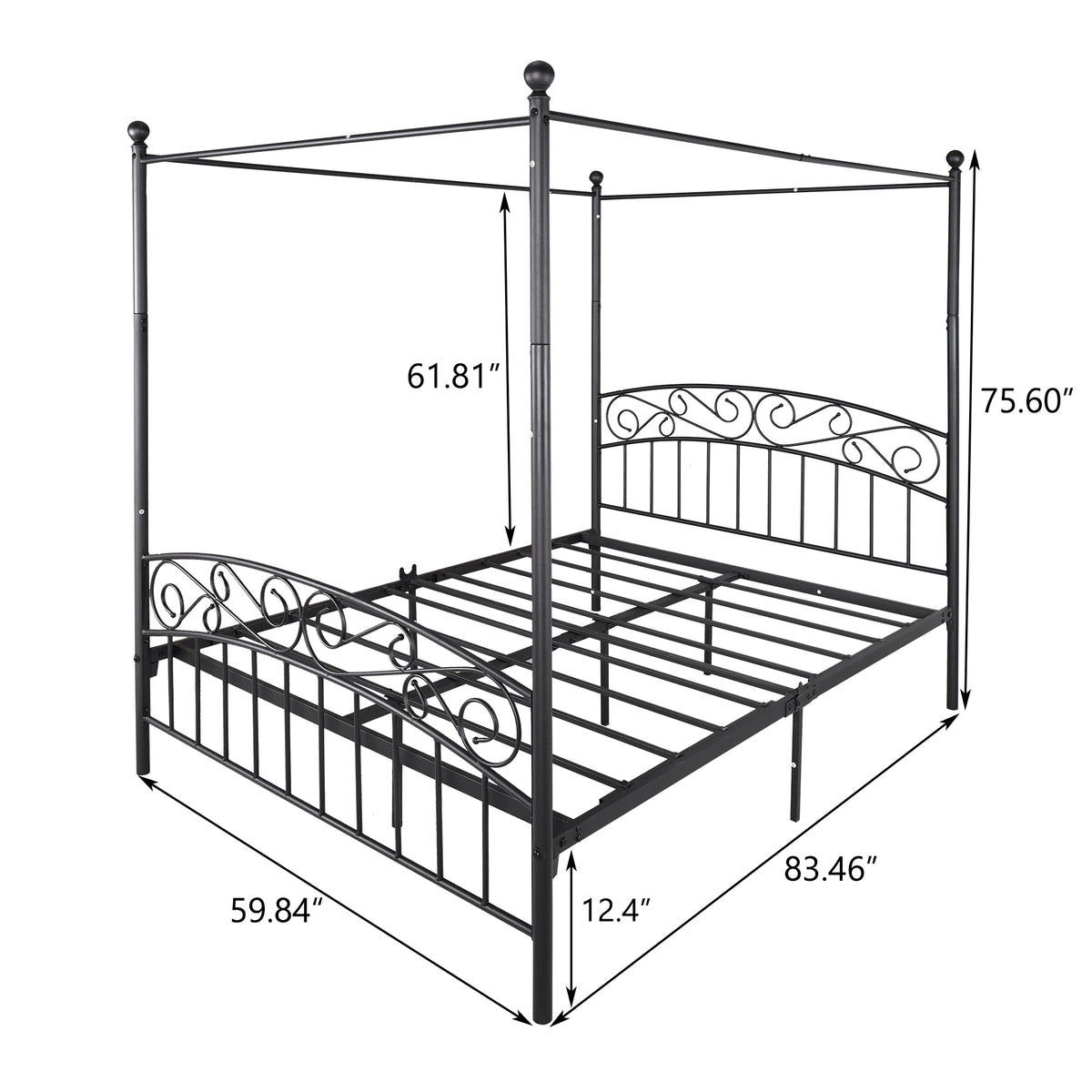 Queen Size Metal Canopy Bed Frame with Headboard and Footboard Black W84034157-djyc