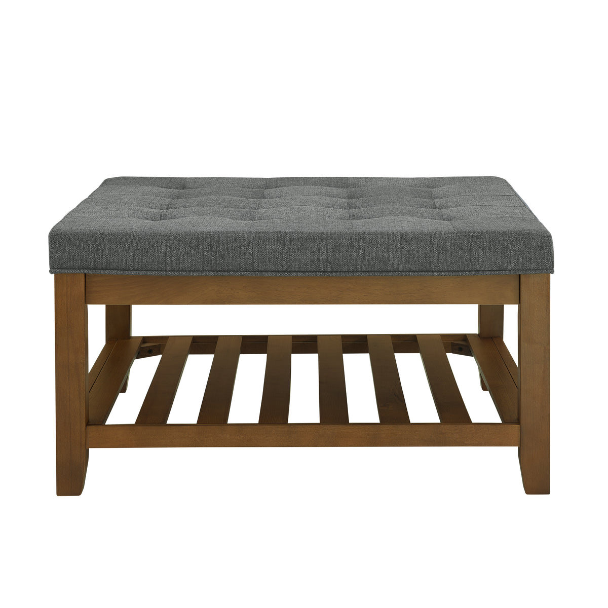 Upholstered Coffee Table Tufted Linen Large Square Ottoman with Beech Wood Shelf and Frame, Oversized Footrest Ottoman for Living Room, Dark Gray W2353P183798-djyc