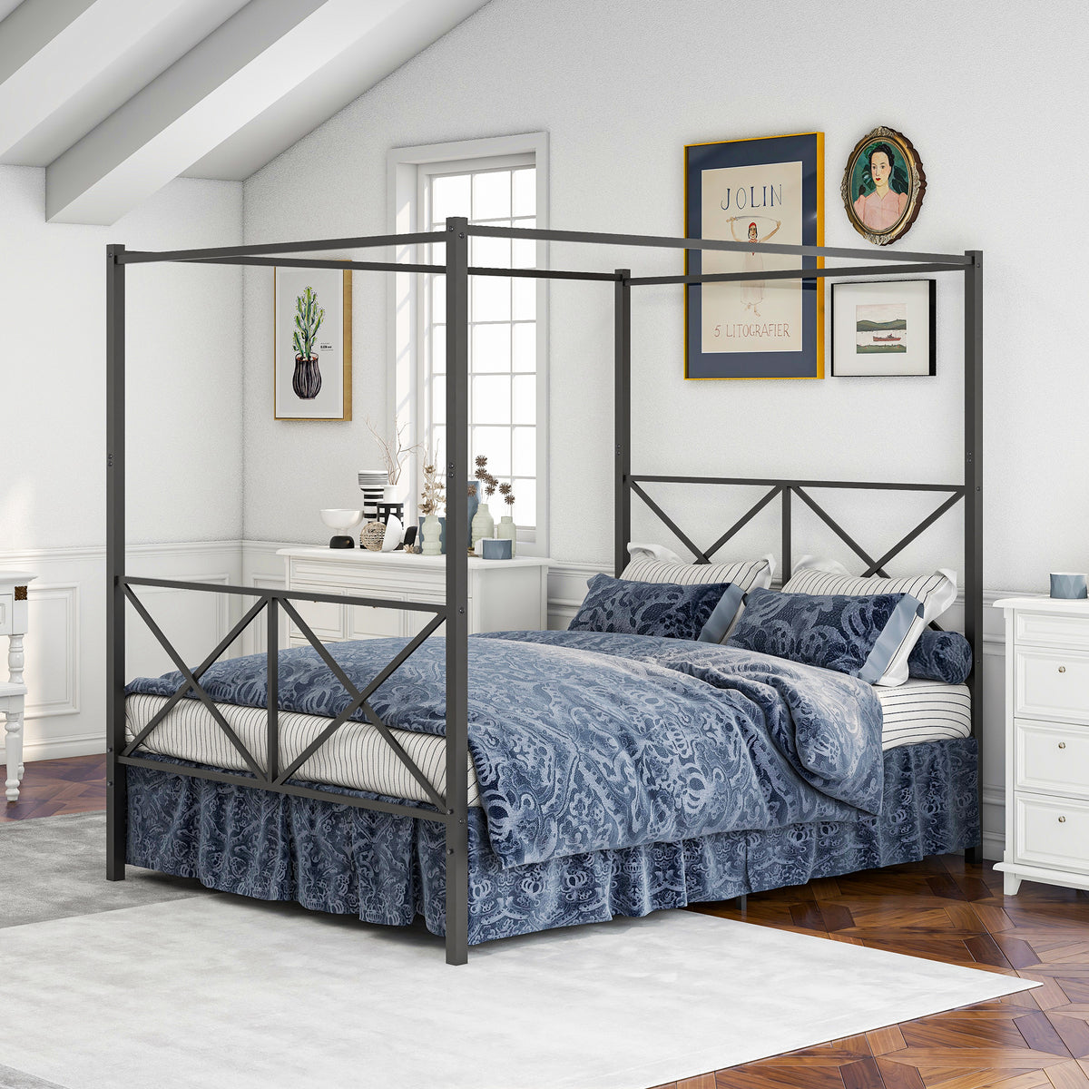 Metal Canopy Bed Frame, Platform Bed Frame Queen with X Shaped Frame Queen Black W84034643-djyc