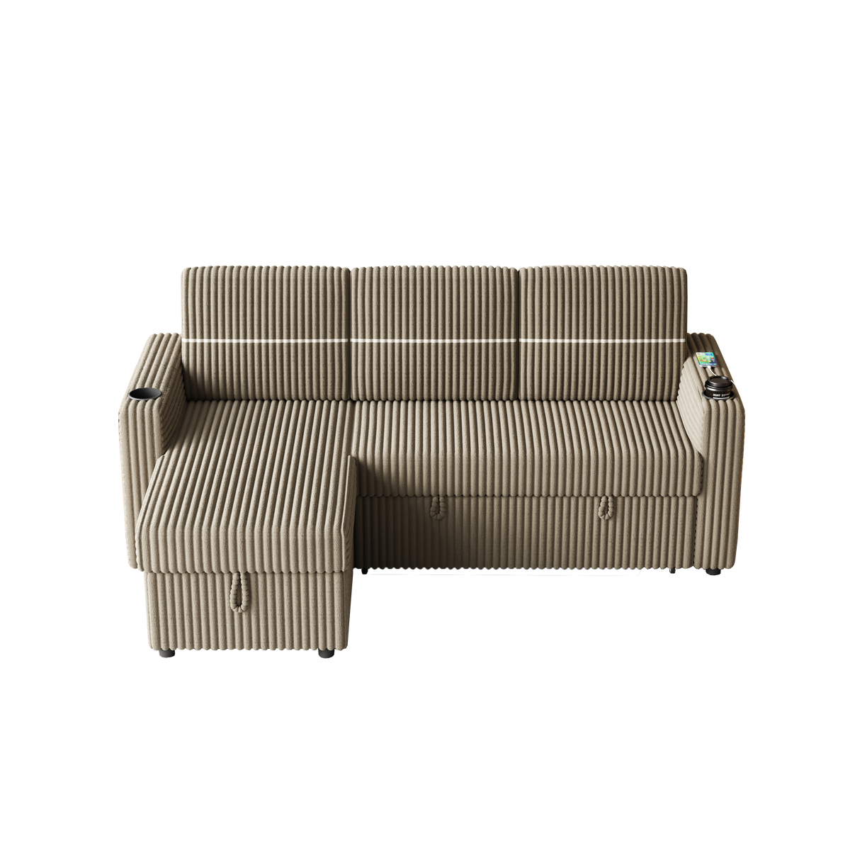 85 Inches Corduroy Sofa Bed, 3 Seater Sleeper Sofa with Storage Chaise, Square Handrail With Two Cup-holder And USB Charge Port, Pull Out Couch for Living Room W834S00271-djyc