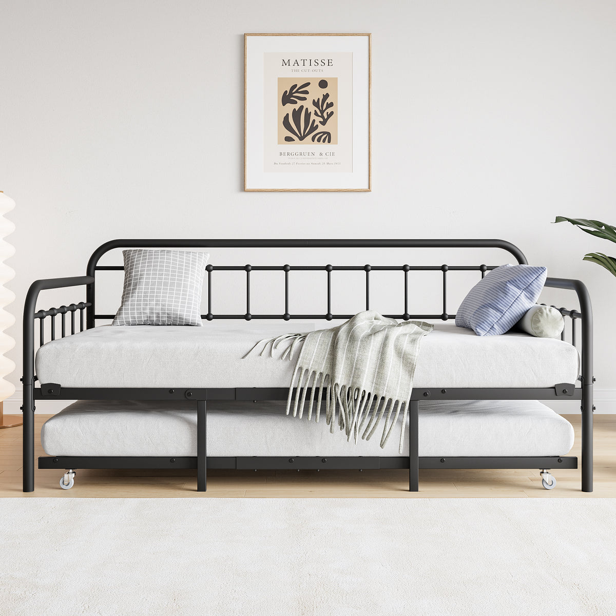 Twin Size Metal Daybed Frame with Trundle, Heavy Duty Steel Slat Support Sofa Bed Platform with Headboard, No Box Spring Needed, Black W840103518-djyc