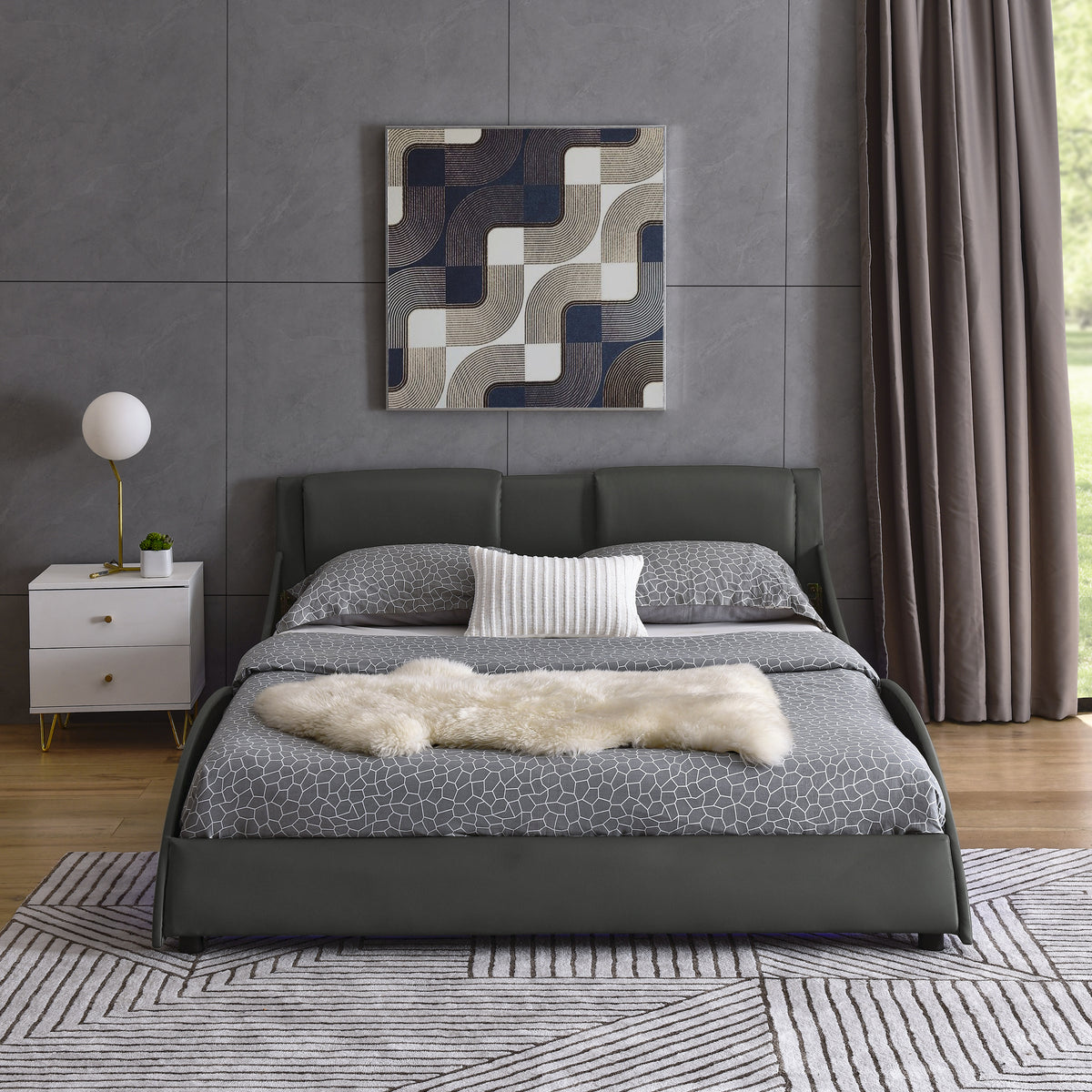 Queen Bed Frame Modern Faux Leather Upholstered Platform Bed Frame with and Headboard Wave Like Curve Low Profile Bed Frame,Wood Slats Support,Easy Assembly,Grey W487P169713-djyc