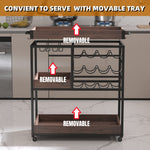 3 Tier Industrial Rolling Serving Cart with Lockable Wheels, Wine Rack Cart with Glass Holder for Indoor and Outdoor, Beverage Trolley cart with 2 Removable Tray, W2557P195401-djyc