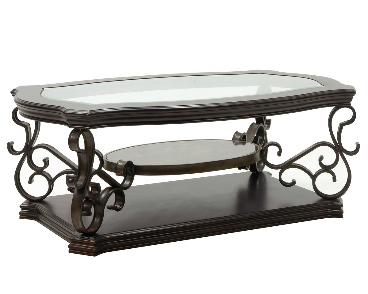 Cocktail Table, Glass table top, MDF W/marble paper middle shelf, powder coat finish metal legs. (52"Lx32"Wx20.3"H) W48720760-djyc