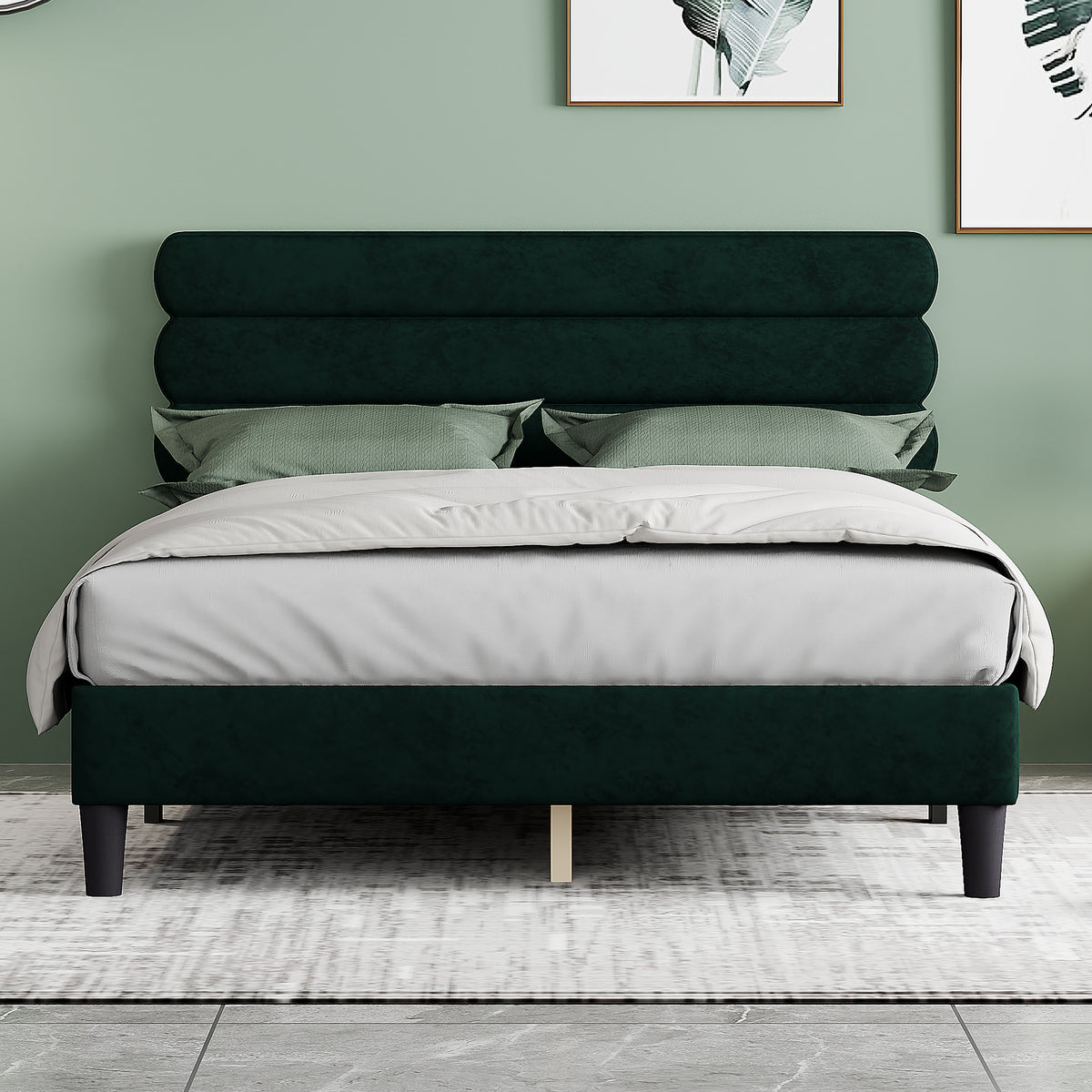 Queen Bed Frame with Headboard,Sturdy Platform Bed with Wooden Slats Support,No Box Spring,Mattress Foundation,Easy AssemblyGreen W1793140484-djyc