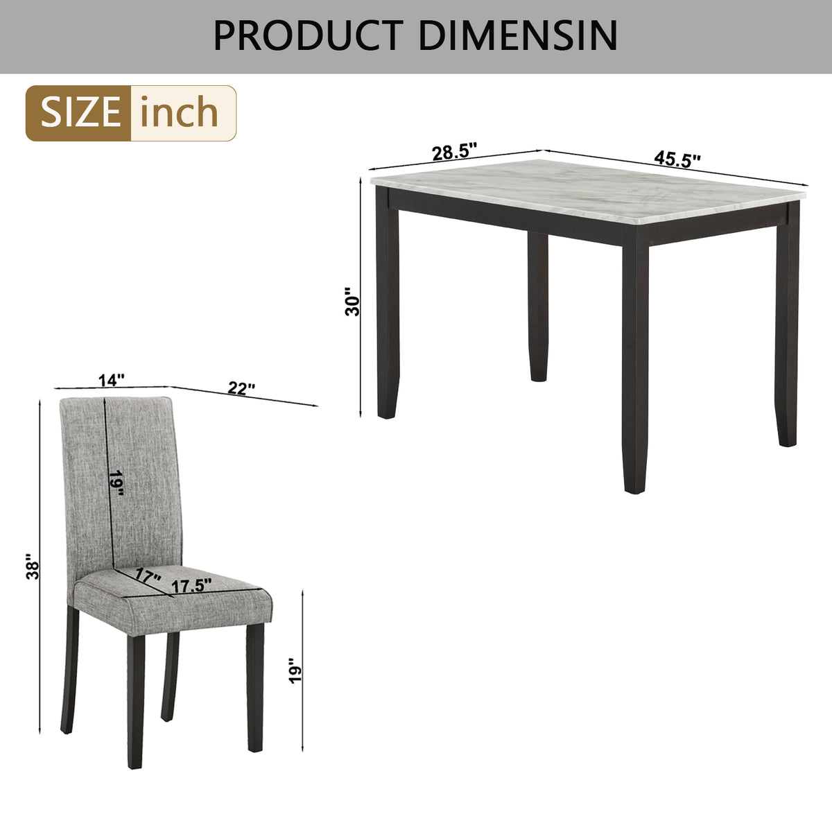 5-Piece Dining Set with Faux Marble Tabletop, Faux Marble dining table set for 4, Modern Wooden Dining Table Set for Kitchen and Dining Room, White +Dark Espresso W1998S00058-djyc