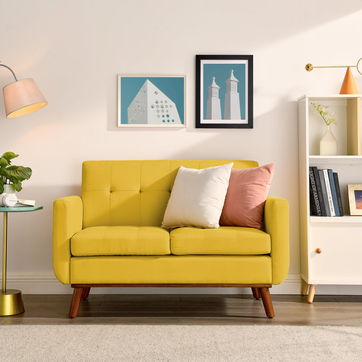 Loveseat Sofa, Mid Century Modern Decor Love Seat Couches for Living Room, Button Tufted Upholstered Small Couch for Bedroom, Solid and Easy to Install Love Seats Furniture, Yellow W487P189545-djyc
