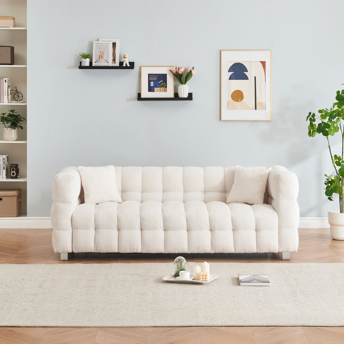 Sophisticated Comfort: Beige White Teddy Plush Sofa - 80 Inch, Perfect for Living Room or Bedroom, Includes Two Throw Pillows and Heavy-Duty Hardware Foot Support W1278141697-djyc