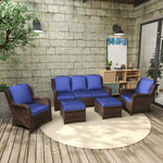 Patio Furniture Set Rattan Outdoor Sectional Conversation Sets 3-Seat Outdoor Couch,2 Single Chair and 2 Ottoman for Lawn, Balcony, Garden, Backyard (Gray-Navy, Set of 5) W1710S00255-djyc