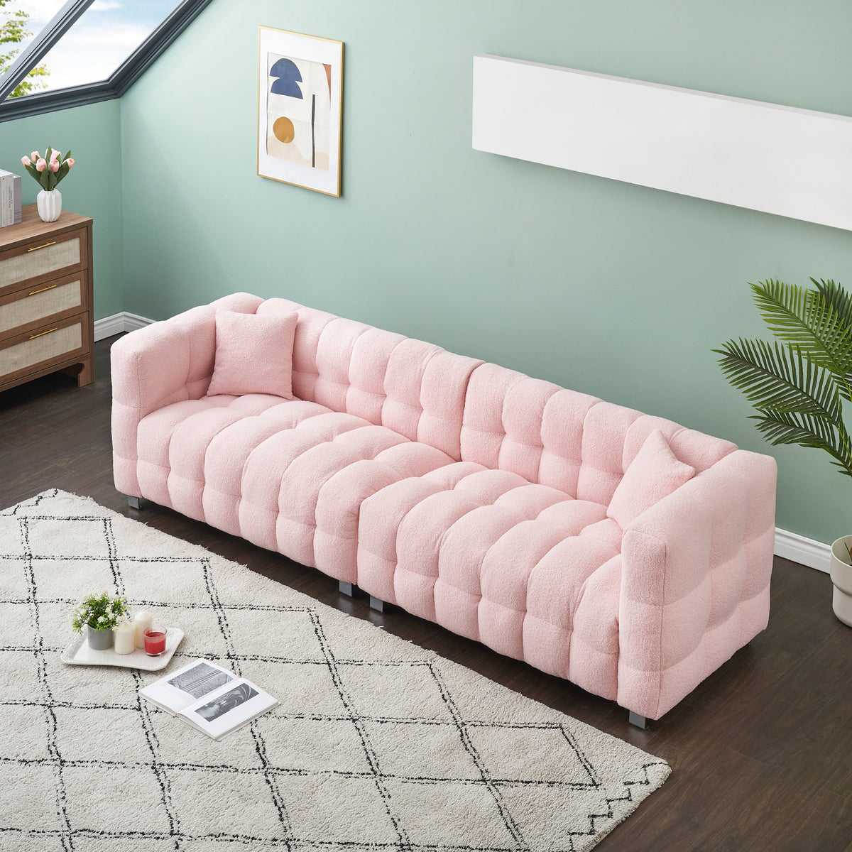 Charming 102-Inch Pink Teddy Fleece Sofa for Living Room, Bedroom, or Apartment - Includes Two Chic Throw Pillows & Sturdily Supported by Hardware Feet W1278S00019-djyc