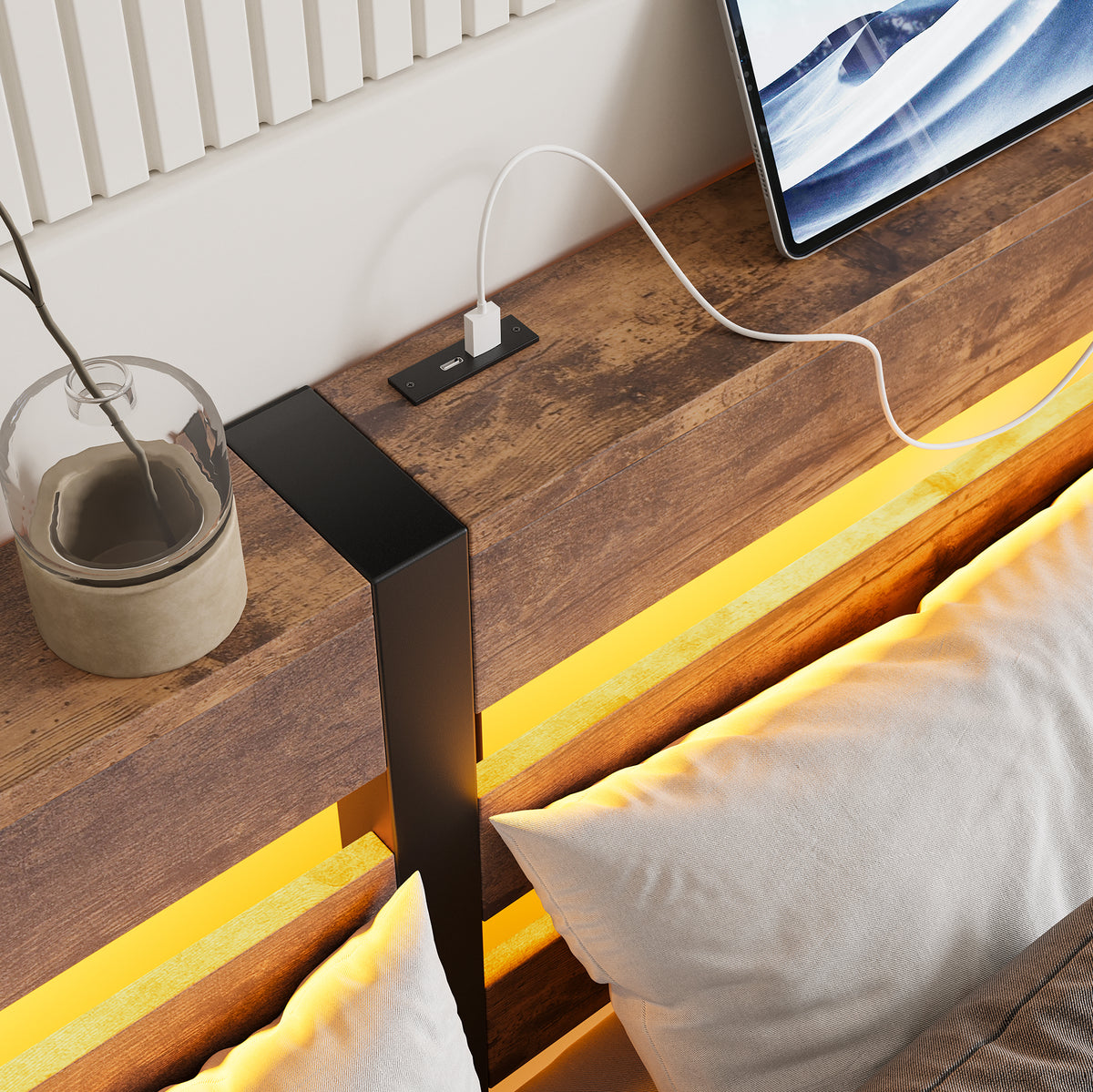 Full SizeMetal Bed Frame with Wooden Headboard, RGB Lights,Charger, Storage Shelf, Noise-Free, No Box Spring Needed,Rustic Brown W840P209896-djyc