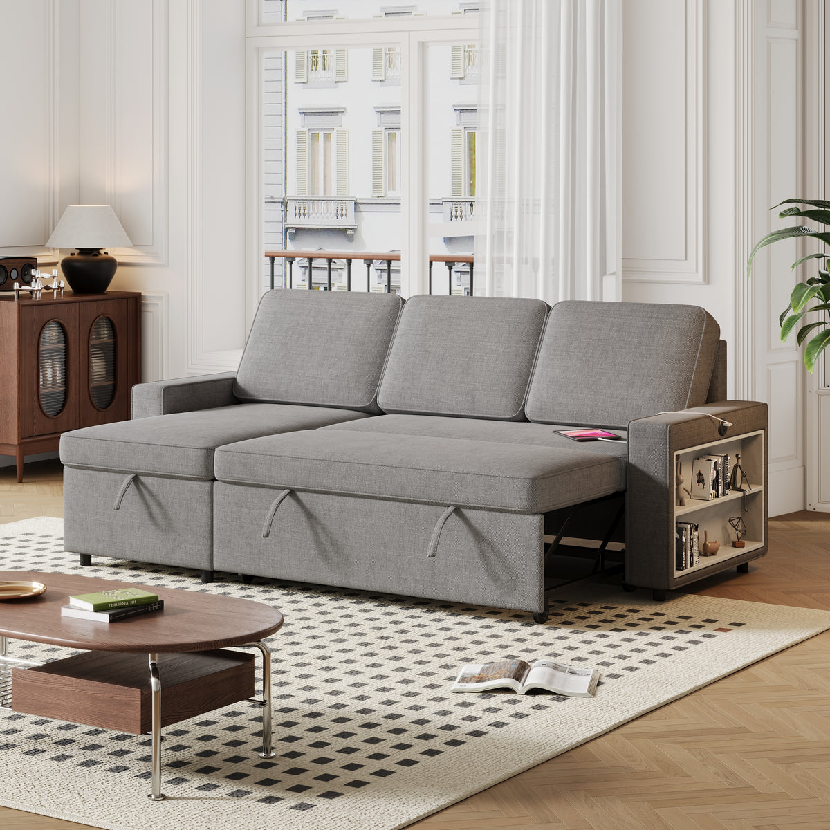 85.8" Pull Out Sleeper Sofa L-Shaped Couch Convertible Sofa Bed with Storage Chaise And Storage Racks,With USB Port And T-pyce Port W834S00268-djyc