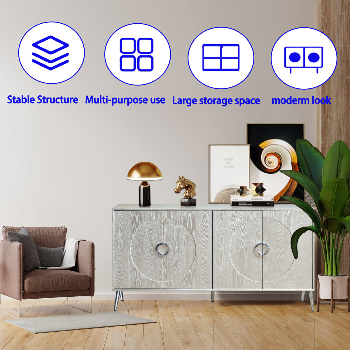 Modern Lacquered 4 Door Wooden Cabinet Sideboard Buffet Server Cabinet Storage Cabinet, for Living Room, Entryway, Hallway, Office, Kitchen and Dining Room, Champagne Silver W1435P191609-djyc