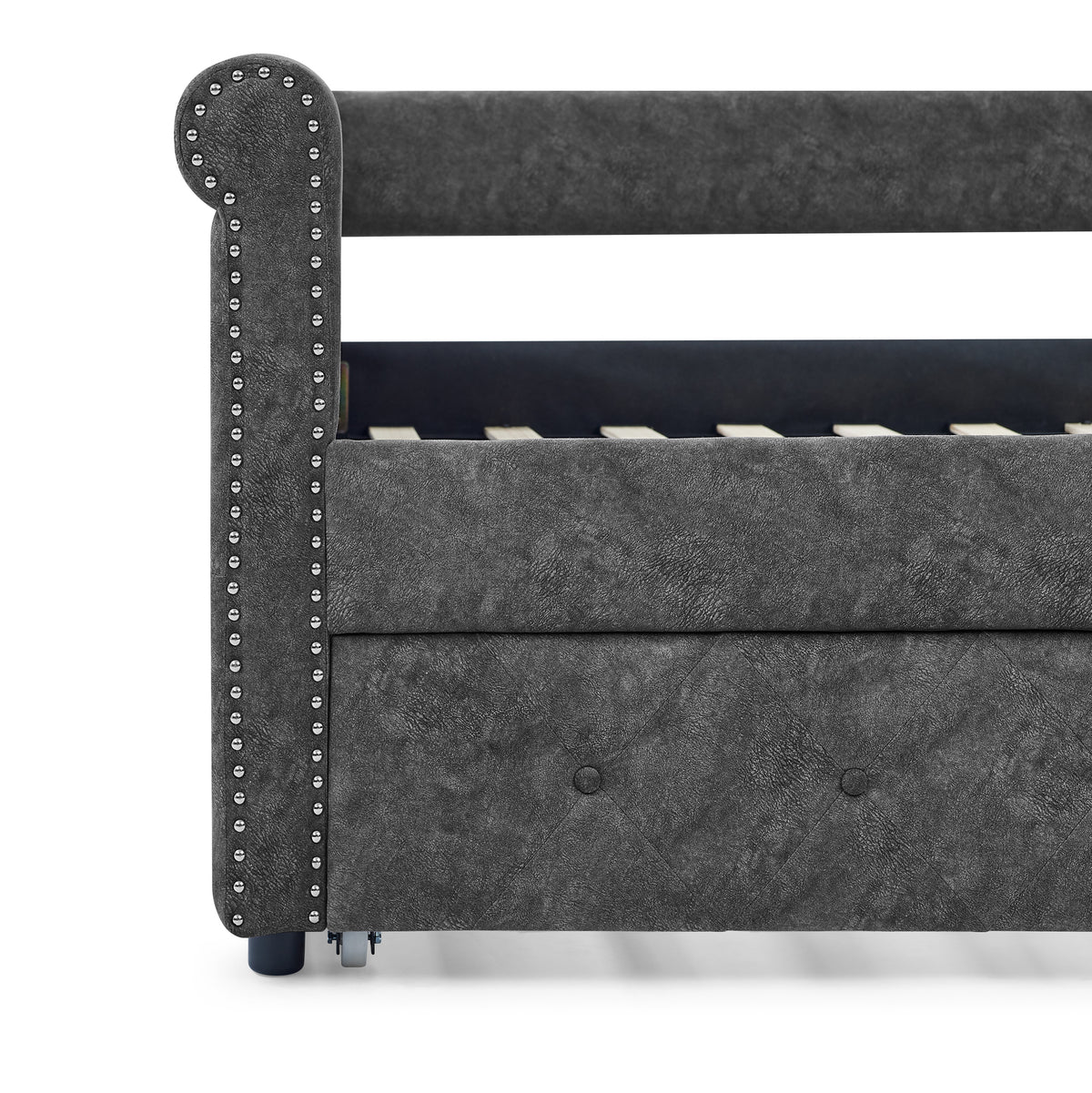 Daybed with Trundle Upholstered Tufted Sofa Bed, with Button and Copper Nail on Arms,Full Daybed & Twin Trundle, Grey(85.5"x57"x30.5") W487S00078-djyc