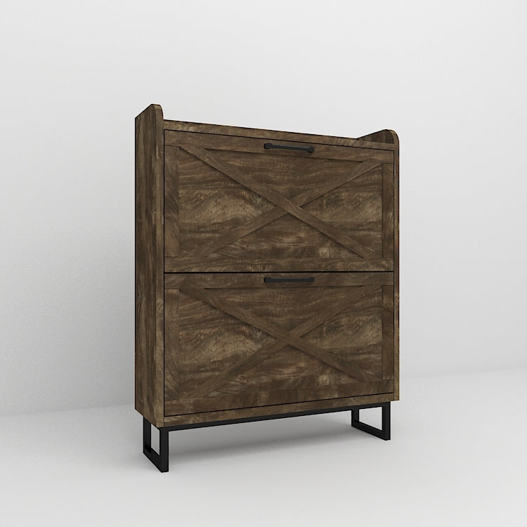 Shoe Storage Cabinet with 2 Flip Drawers, Freestanding Organizer with Metal Legs for Entryway, Narrow Shoe Rack Cabinet, Rustic Brown W1347P183668-djyc