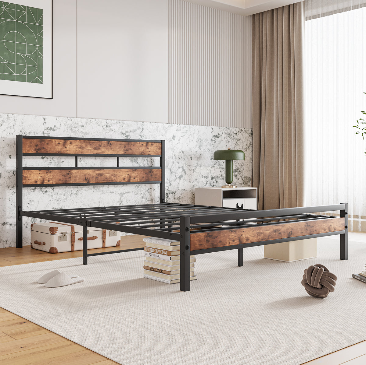 Queen Size Platform Bed Frame with Rustic Vintage Wood Headboard, Strong Metal Slats Support, No Box Spring Needed W840P144084-djyc