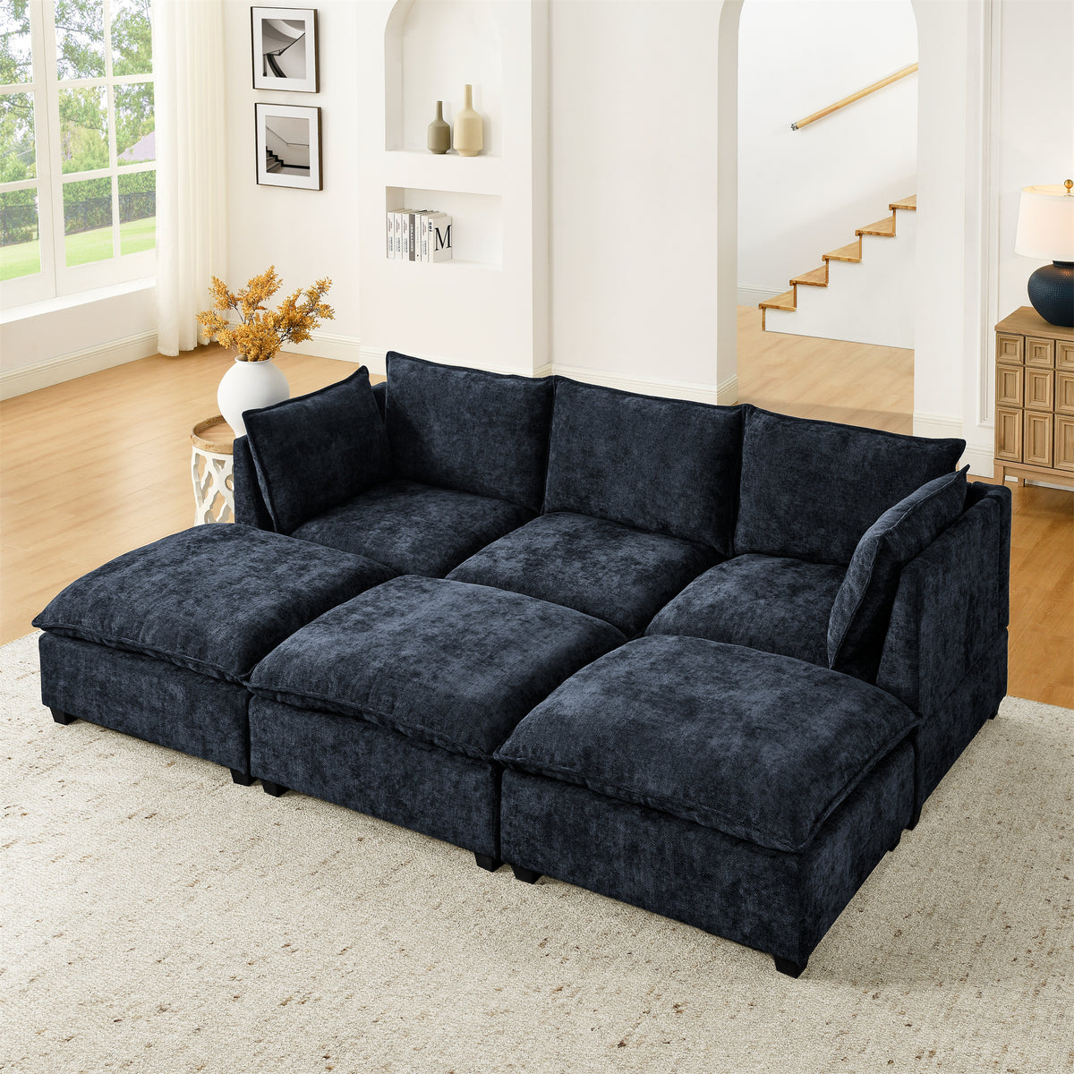 Comfy Cloud Couch Sectional3 Seat Sofa with 3 Ottoman, Chenille Sofa Sleeper Deep Seat Sofa with Throw Pillows for Living Room(Blue) W1117S00193-djyc