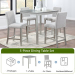 5 Piece Counter Height Table Set, Wooden Kitchen Table Set with Square Table and 4 Upholstered Chairs, Counter Height Dining Table with Crystal Decoration and Chair Set, Silver grey W1998S00039-djyc