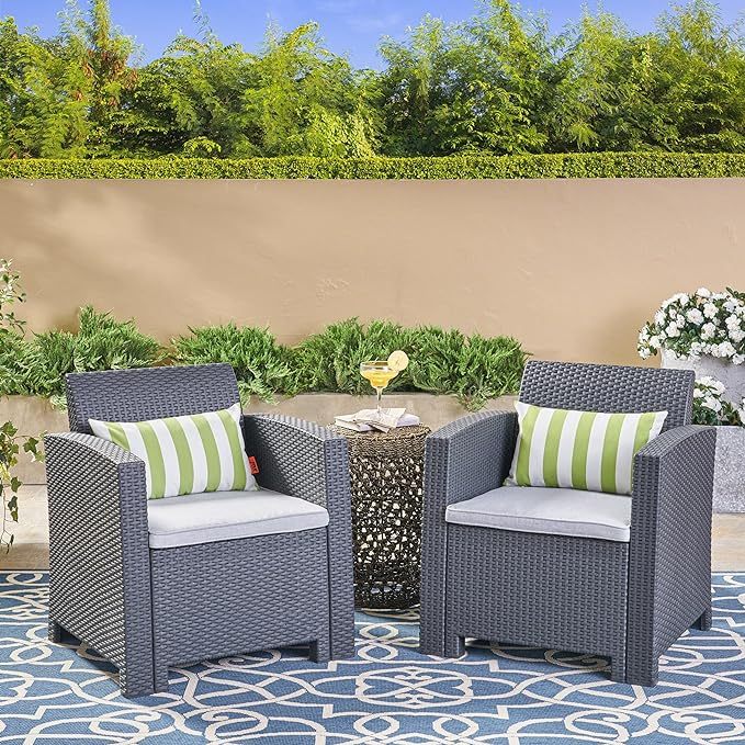 Set of 2 Outdoor Charcoal Grey Faux Wicker Club Chairs with Light Grey Waterproof Cushions 61315.00-2-djyc