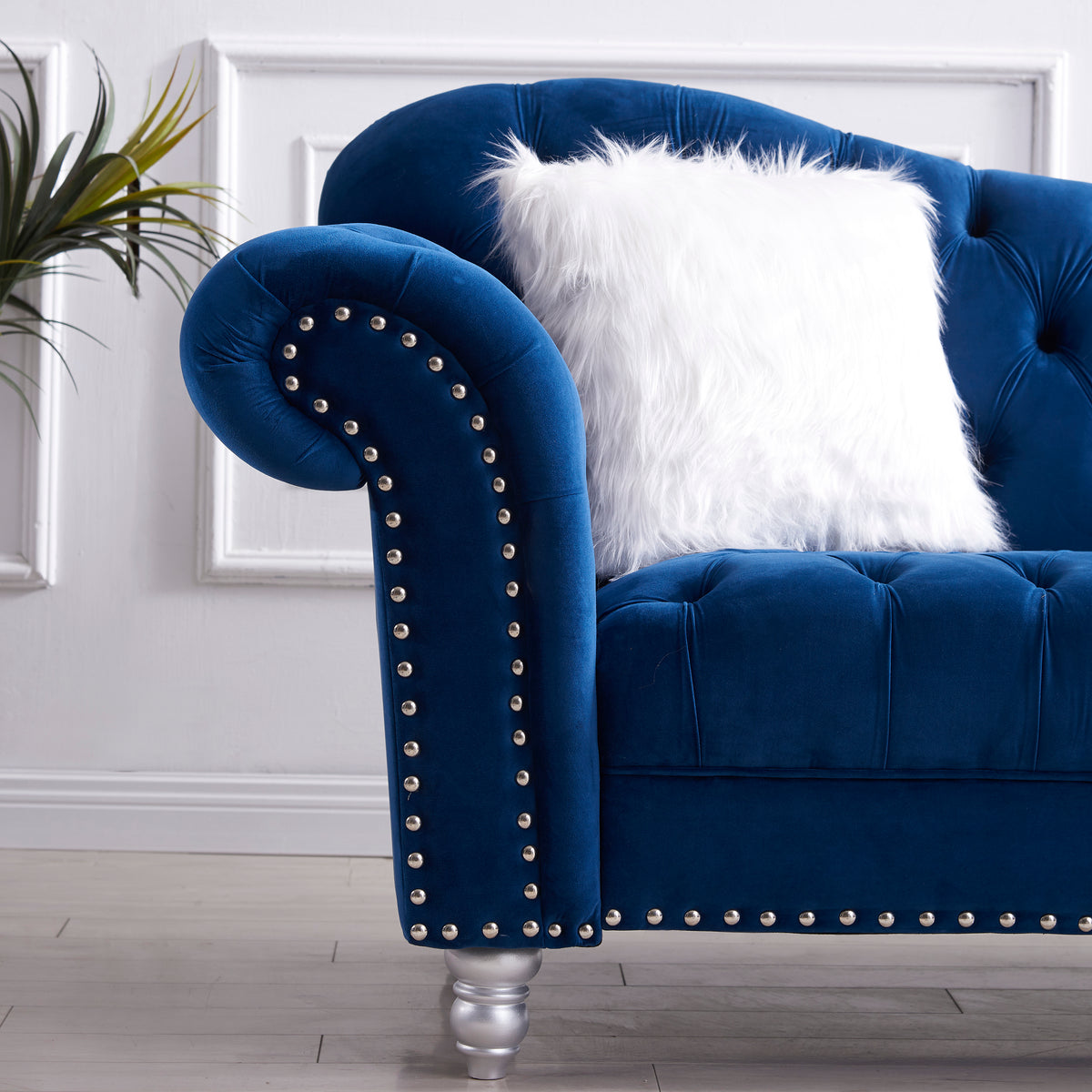 3 Piece Living Room Sofa Set, including 3-Seater Sofa, Loveseat and Sofa Chair, with Button and Copper Nail on Arms and Back, Five White Villose Pillow, Blue. W487S00051-djyc