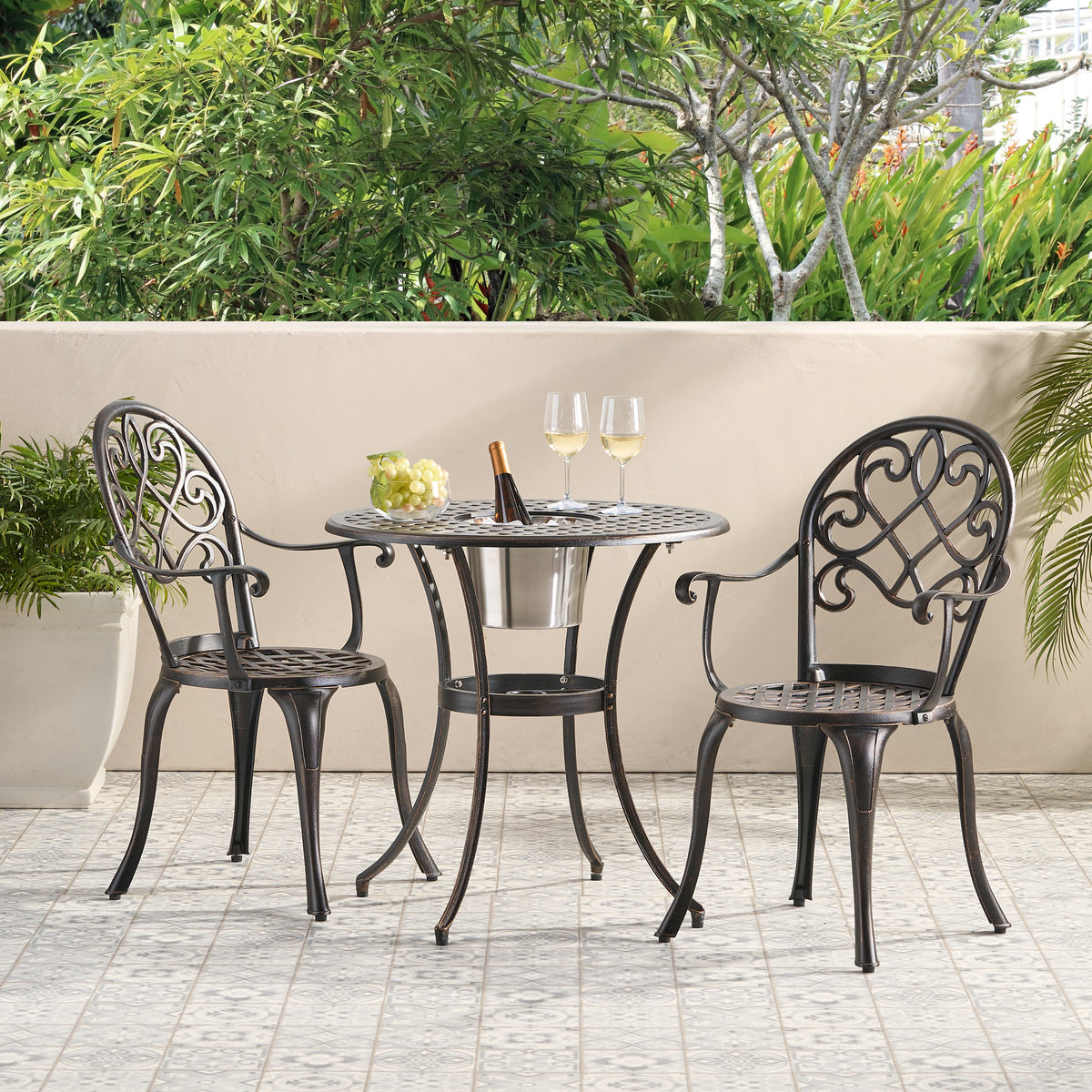 Outdoor Bistro Set with Ice Bucket – Cast Aluminum Construction, 2 Chairs & 1 Table, Perfect for Dining and Entertaining 52255.00COP-djyc