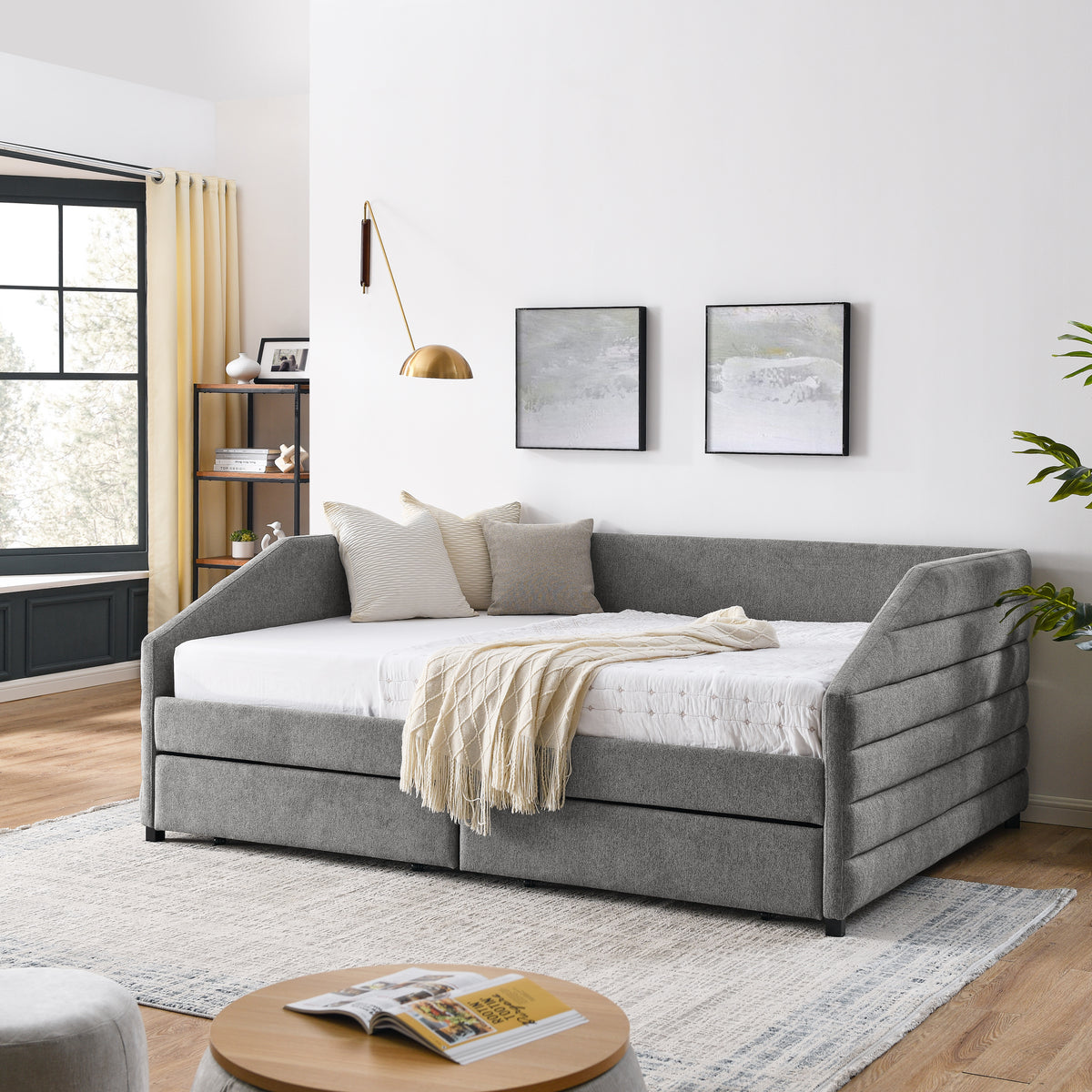Queen Size Daybed with Two Drawers Trundle Upholstered Tufted Sofa Bed, Linen Fabric, Grey (88"x64.5"x34") W487S00167-djyc