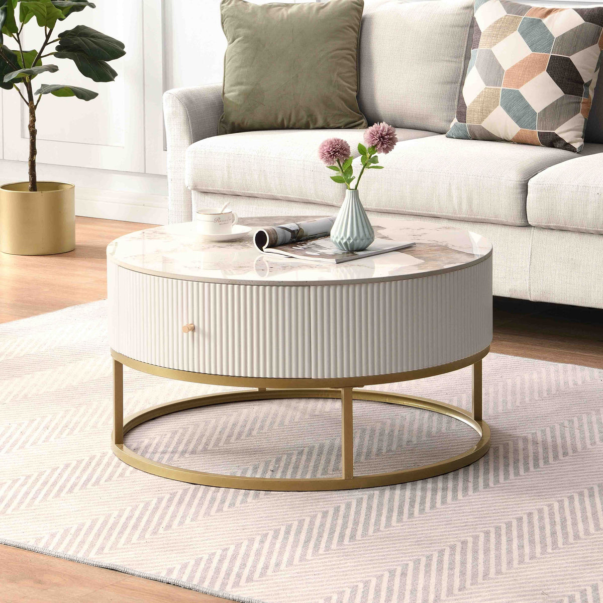 31.5 Inch Modern Round Coffee Table with Drawers, Marble Table with Storage, Coffee Table for Living Room W821P184399-djyc
