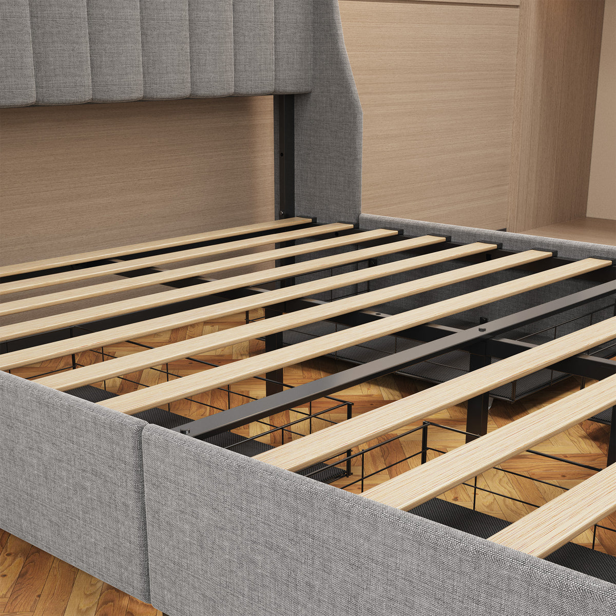 Full Size Bed Frame with LED, 4 Under-bed Portable Storage Drawers, Wings Headboard Design, Light Grey W1960S00001-djyc