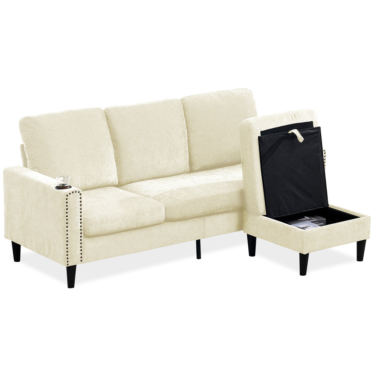 Modern Design Chenille 3 Seat L-Shape Sectional Sofa with Storage Chaise for Apartment, Studio, Office,Living Room,L shape-Off white W1164P212157-djyc