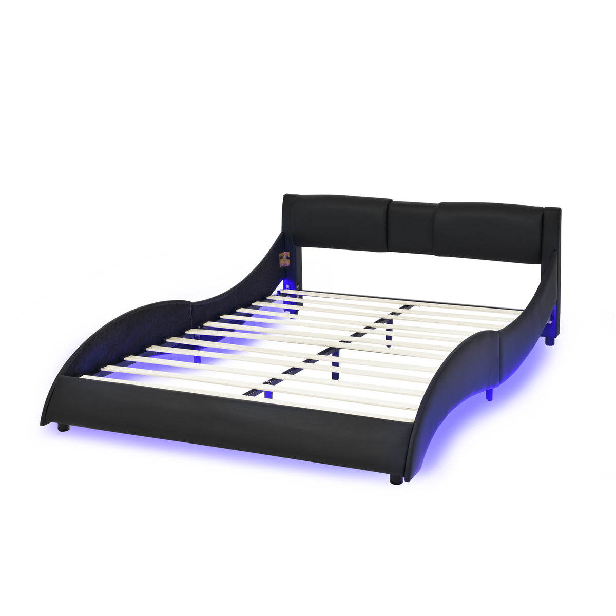 Queen Led Bed Frame Modern Faux Leather Upholstered Platform Bed Frame with RGB LED Lights and Headboard Wave Like Curve Low Profile Bed Frame,Wood Slats Support,Easy Assembly, Black W487P169716-djyc