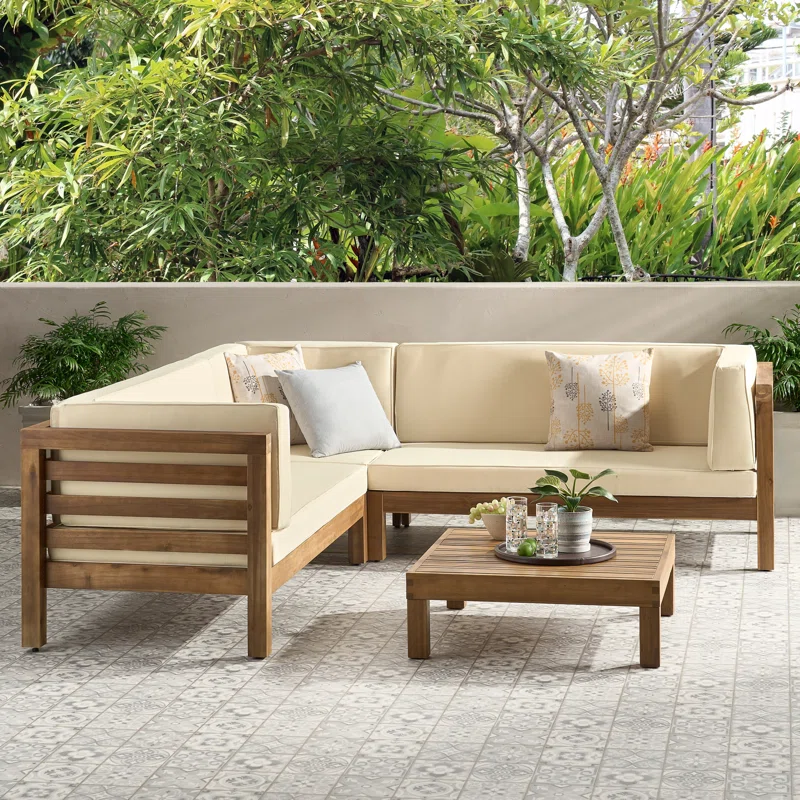 OANA OUTDOOR WOODEN SECTIONAL SET WITH CUSHIONS, BEIGE 59101-02-64495BEI-64496.00-djyc