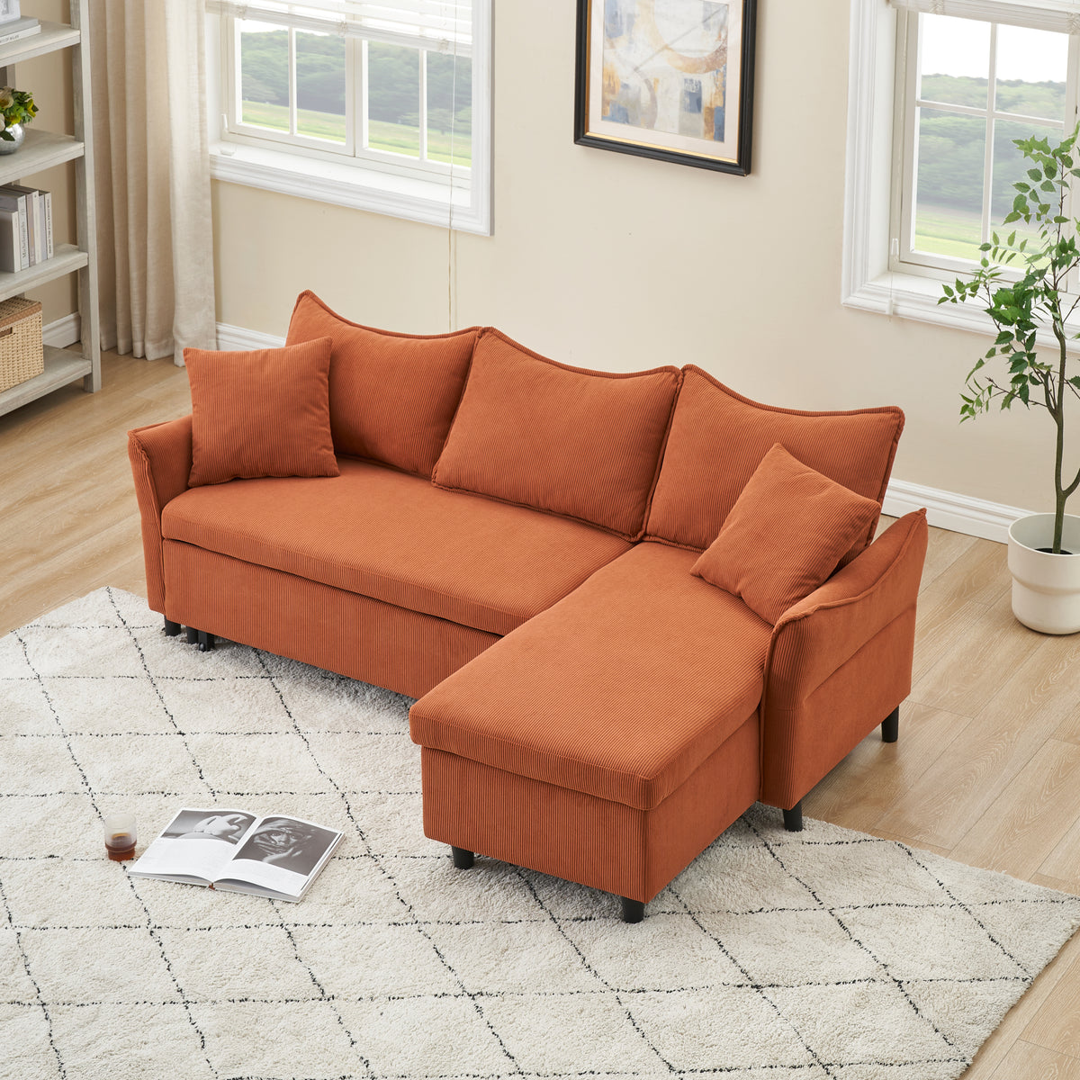 This 80-inch orange corduroy L-shaped sofa comes with two small throw pillows that can be converted into a sofa bed for storage W1278S00026-djyc